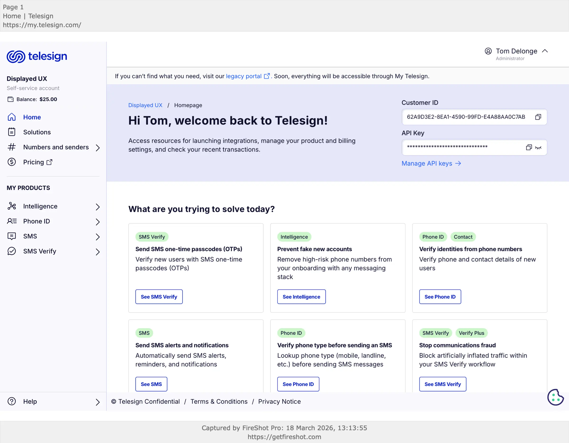 Redesigned TeleSign portal homepage: Hi Tom, welcome back to TeleSign, with Customer ID, API Key, and use-case cards visible immediately