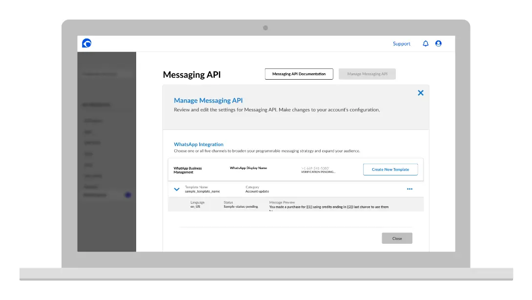 Template library view showing a WhatsApp message template with sample-status-pending approval state and message preview