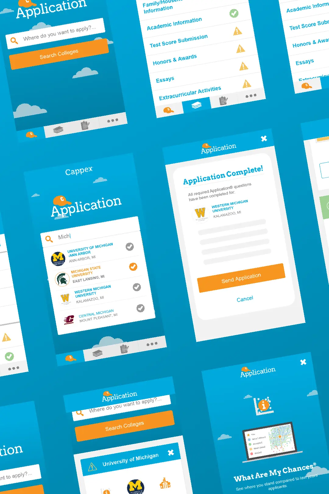Multi-screen overview of all Appily.com Universal College Application screens (formerly Cappex)