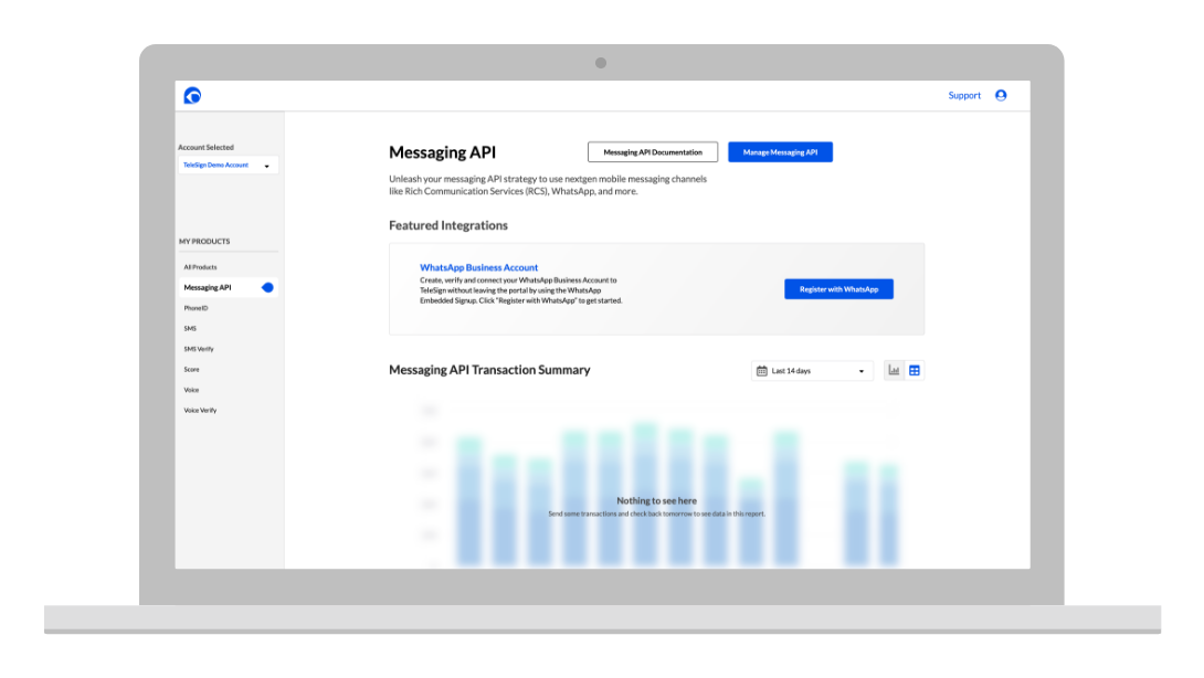 TeleSign Messaging API product page inside the self-service portal showing navigation, WhatsApp Business Account integration, and transaction summary chart