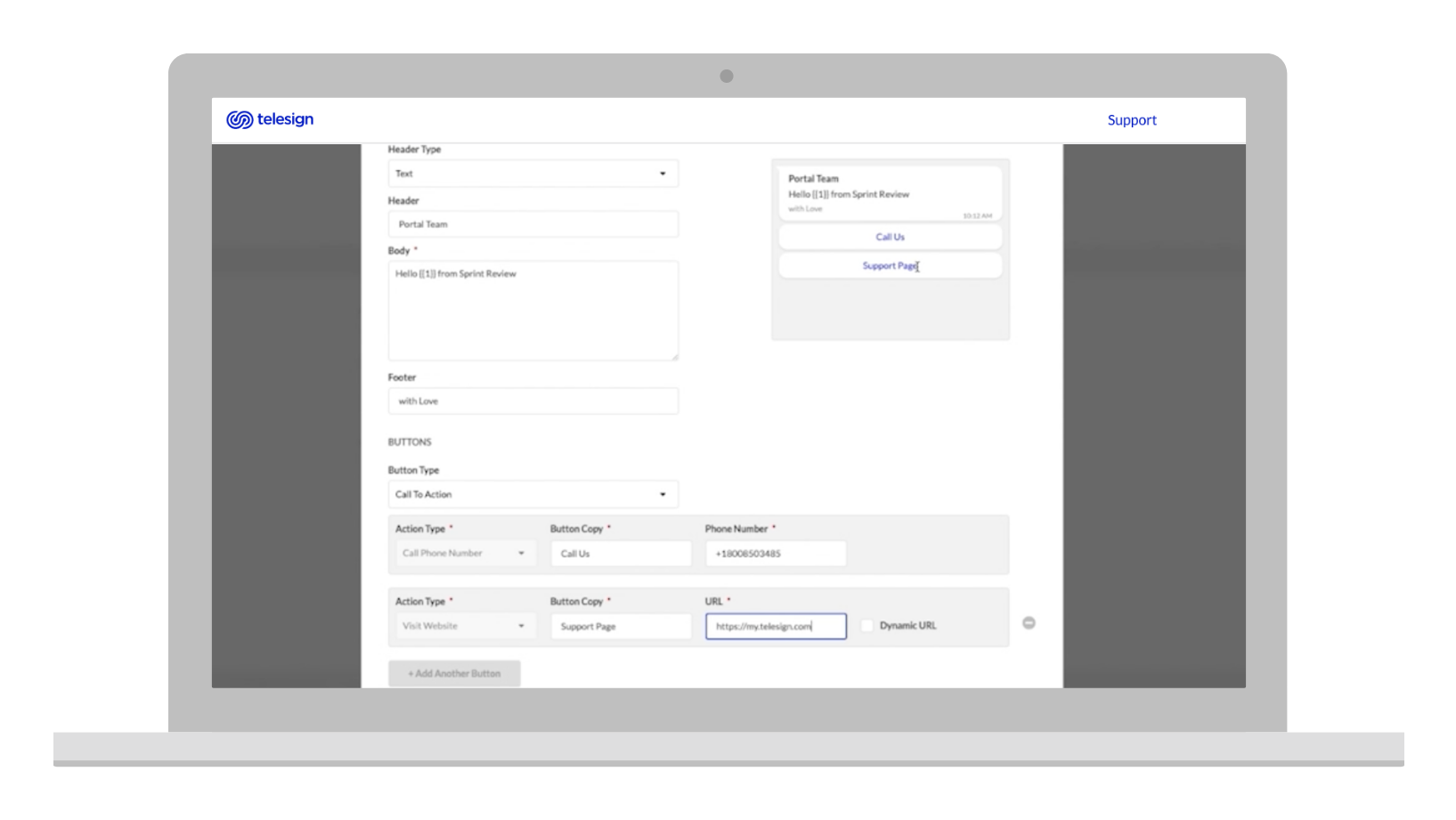TeleSign Messaging API WYSIWYG template builder with a live phone preview on the right showing the message as it will appear on a mobile device
