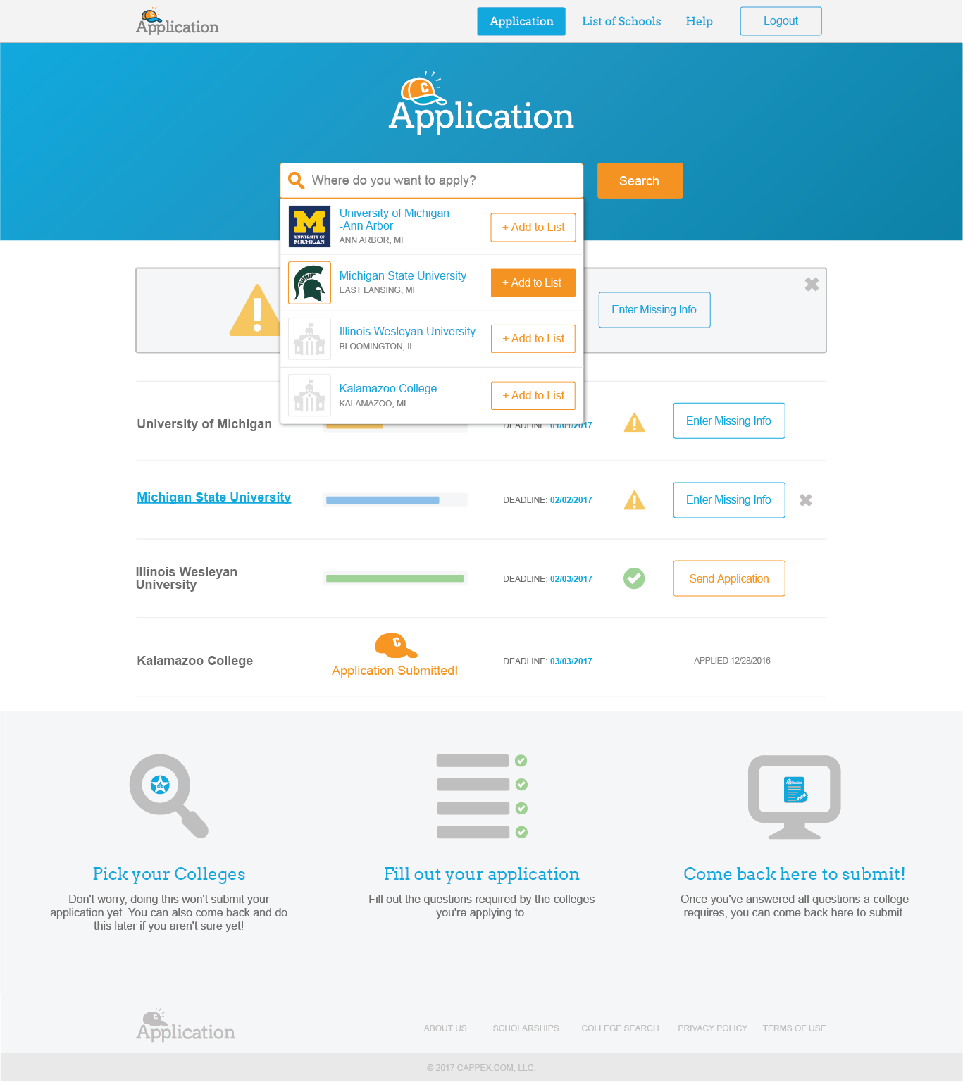 Cappex application dashboard showing mixed completion states across four colleges