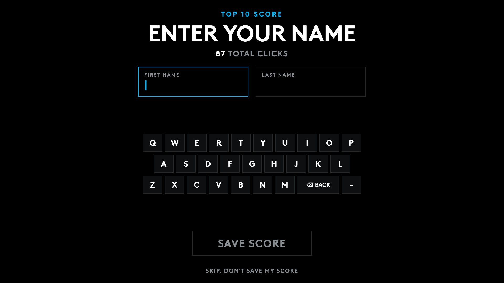 The live kiosk name entry screen: TOP 10 SCORE, ENTER YOUR NAME, first and last name fields above an on-screen QWERTY keyboard, a SAVE SCORE button, and a skip option that does not save the score.