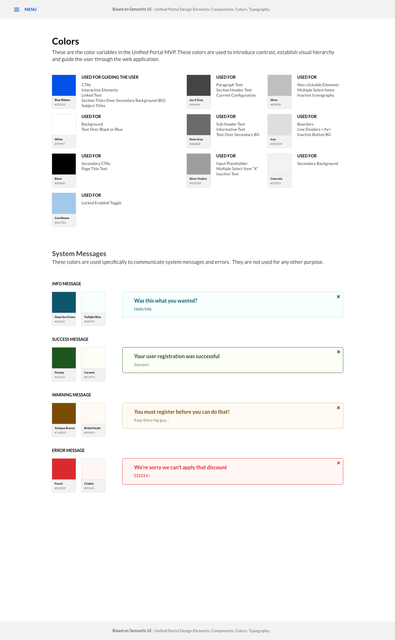 TeleSign Unified Portal design system documentation showing color palette and system message states