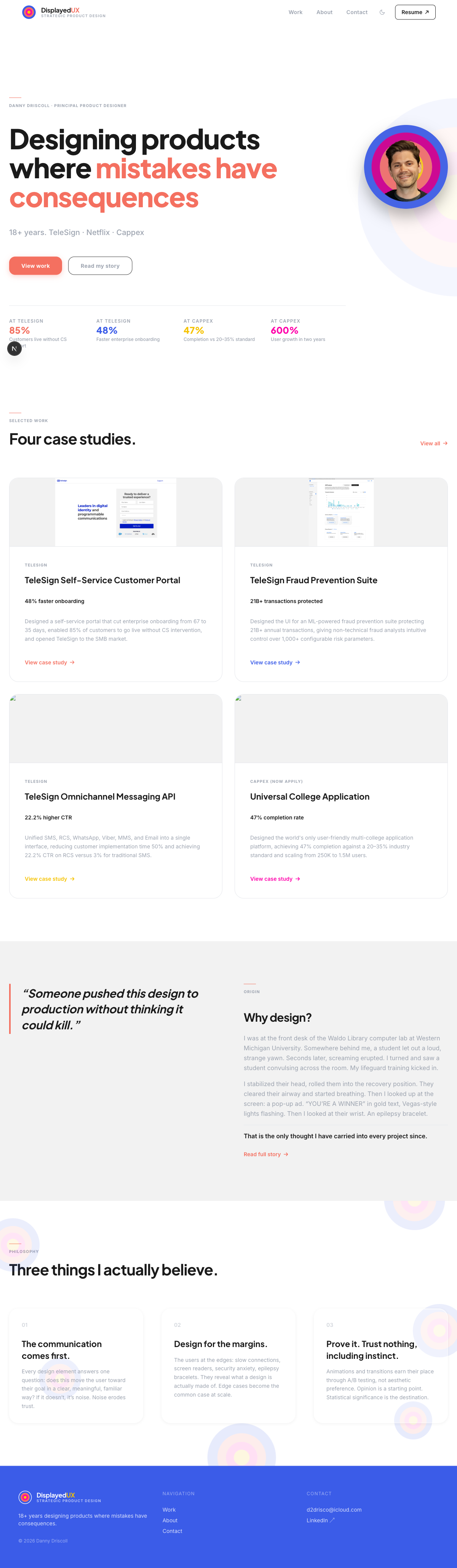 displayedux.com Fraud Prevention case study page captured by Playwright MCP during a QA session in March 2026