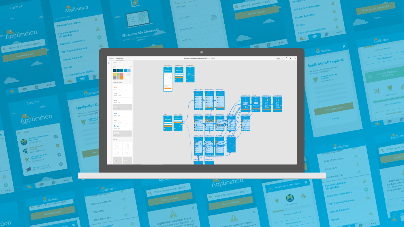 Appily.com Universal College Application — design prototype flow showing the complete user journey across mobile screens