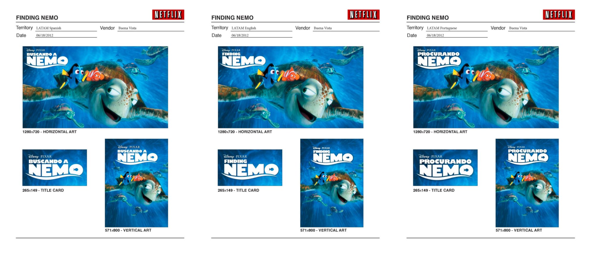 Finding Nemo localized key art across LATAM Spanish, English, and Portuguese territories